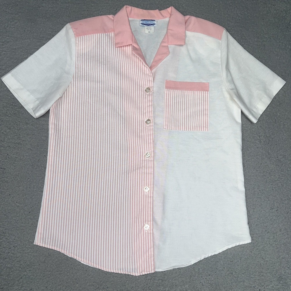VTG Separate Issue Shirt Women's Sz (S) Pink White Short Sleeve Button Down Tops